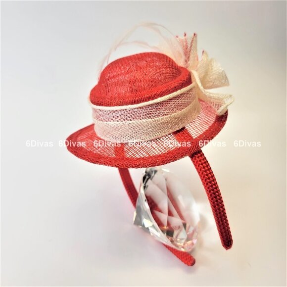 Red Top Hat Fascinator with Cream colored Feathers and Rosettes on Headband - Picture 9 of 14